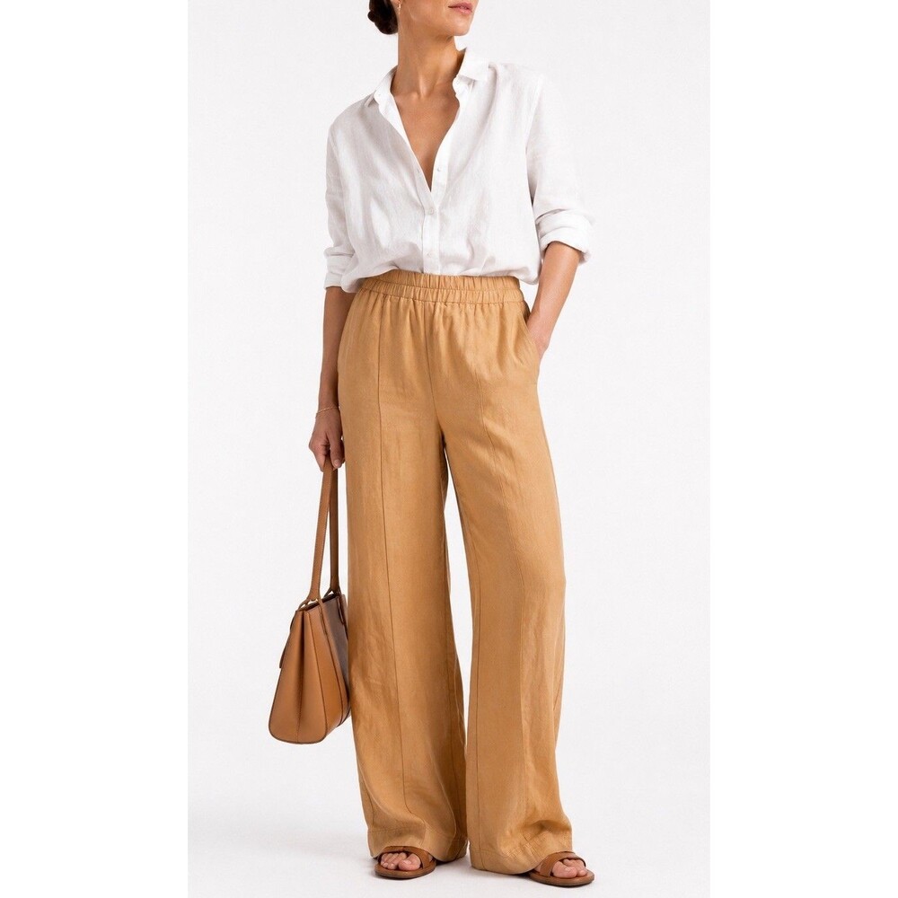 Chloe Stora Ritz 311 Pants Womens FR 34 US 2 Tan Wide Leg High Rise Linen Blend